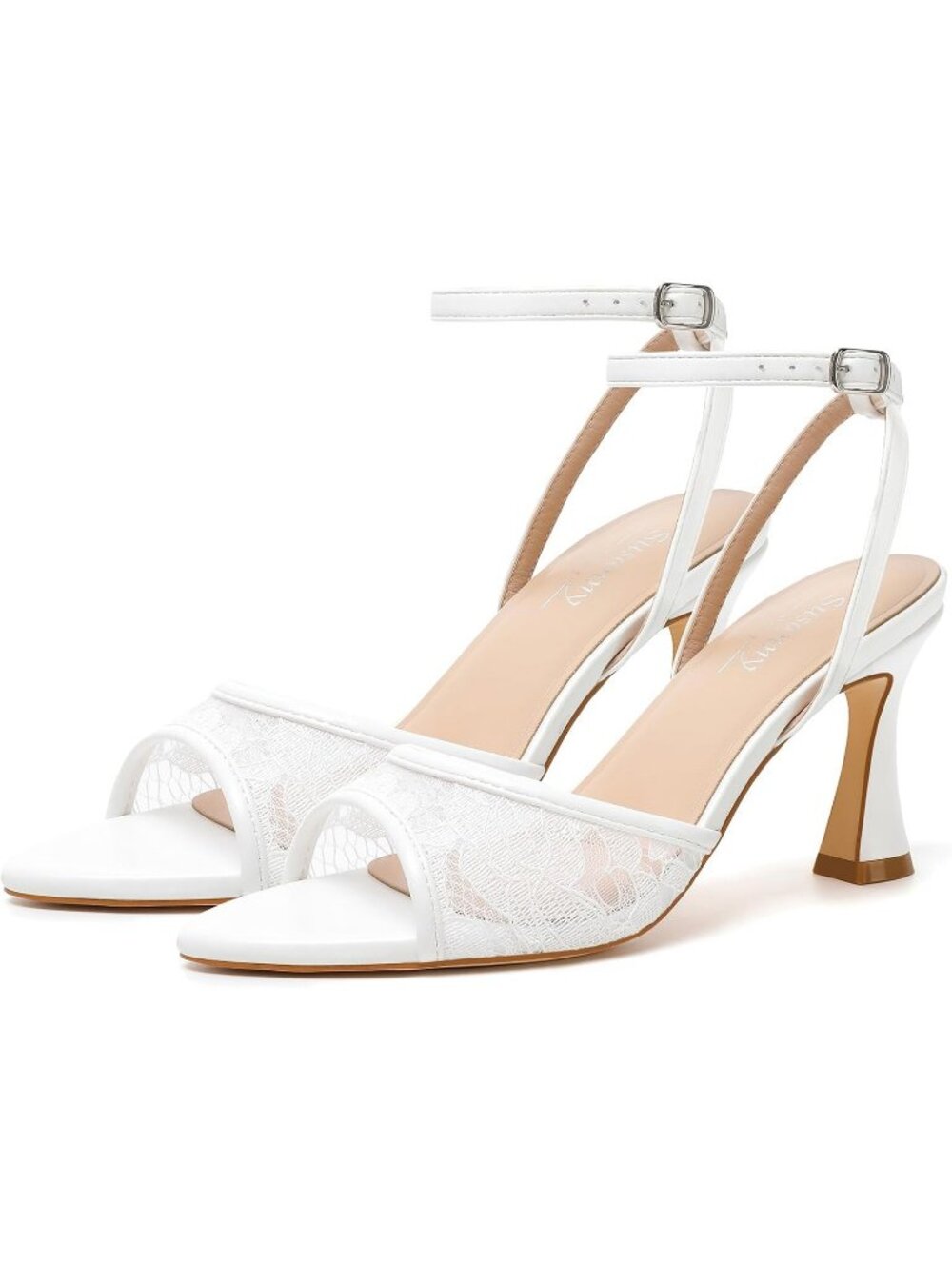 Women's Lace White Pointed Open Toe Strappy Chunky Block Sexy High Heels Shoes